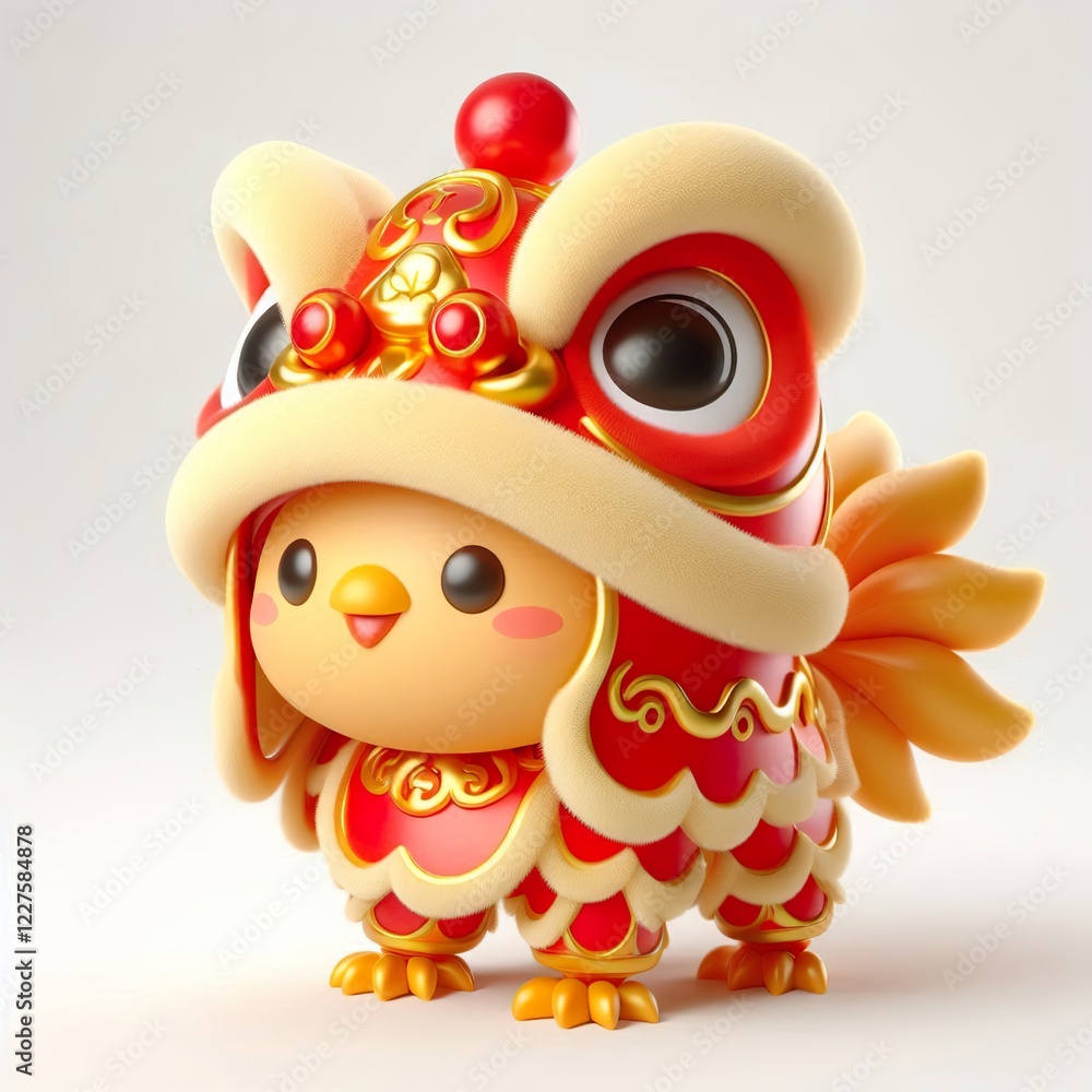 3D Adorable cartoon gold red rooster in a lion dance costume, white background 3D Adorable cartoon gold red rooster in a lion dance costume, white background
