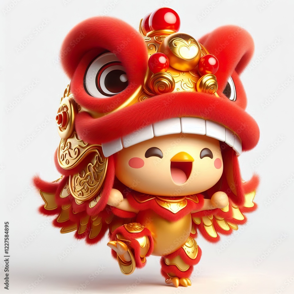 3D Adorable cartoon gold red rooster in a lion dance costume, white background 3D Adorable cartoon gold red rooster in a lion dance costume, white background