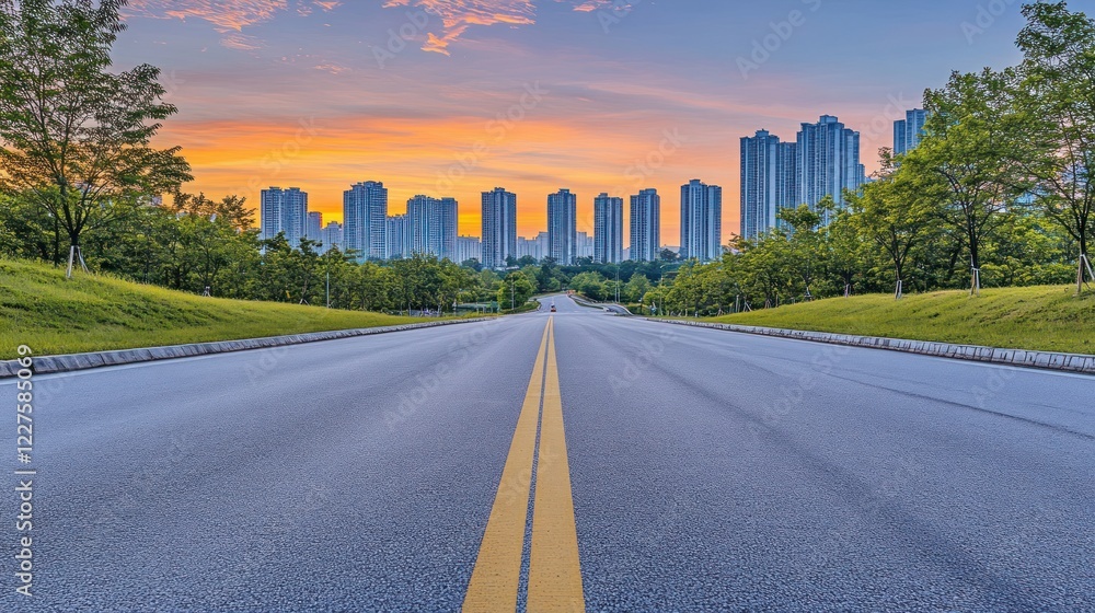Obraz premium Asphalt Road Leading to Modern City Skyline at Sunset