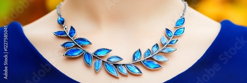 Blue Leaf Necklace on Woman - Elegance, nature, adornment, beauty, style. A stunning blue leaf necklace graces a woman's neck, symbolizing sophistication and natural beauty. photo