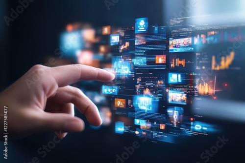 A hand is touching a screen with a lot of different images on it
