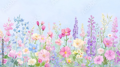 Vibrant Wildflower Meadow, a hand-painted watercolor scene of multicolored blooms extending to the horizon, perfect for summer-themed decor and stationery designs