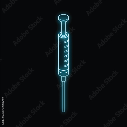 Glowing neon blue syringe icon is set against a black background, representing healthcare and medical concepts