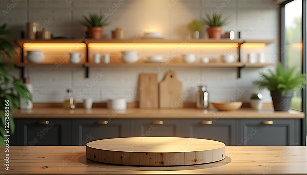 Kitchen podium background featuring a wooden platform for food display Kitchen podium background featuring a wooden platform for food display