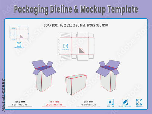 Soap Box 63 x 33 x 95 mm . Packaging Die Cut Template Design. 2d TD Real Shape & Dimension. 3d Box Mockup. Prepared for production.