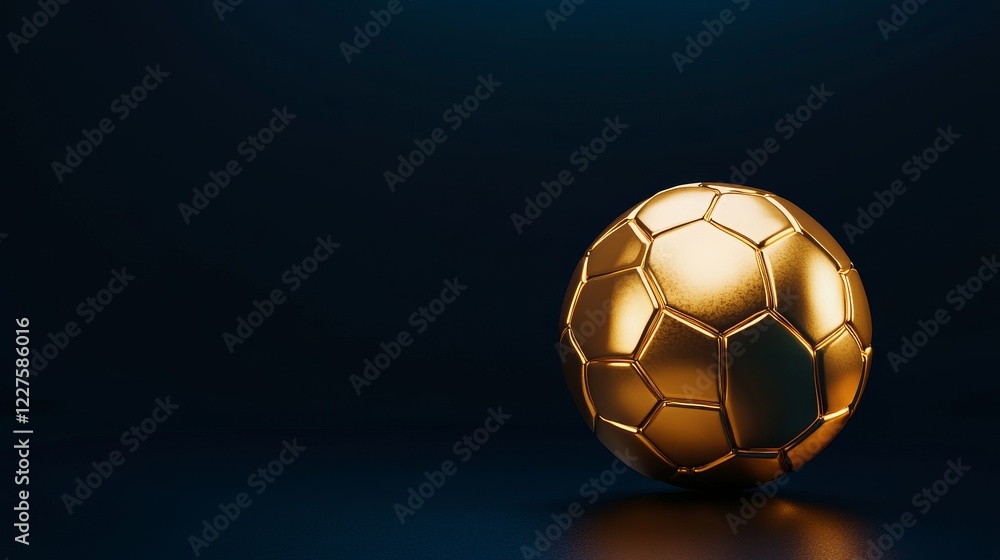 Fototapeta premium Golden Soccer Ball on Dark Background - A gleaming gold soccer ball rests on a deep blue surface, creating a dramatic and luxurious image perfect for sports-related projects.