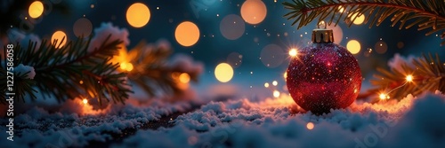 Sparkling starry night scene with ornaments and bokeh lights, festive, christmas, twinkling