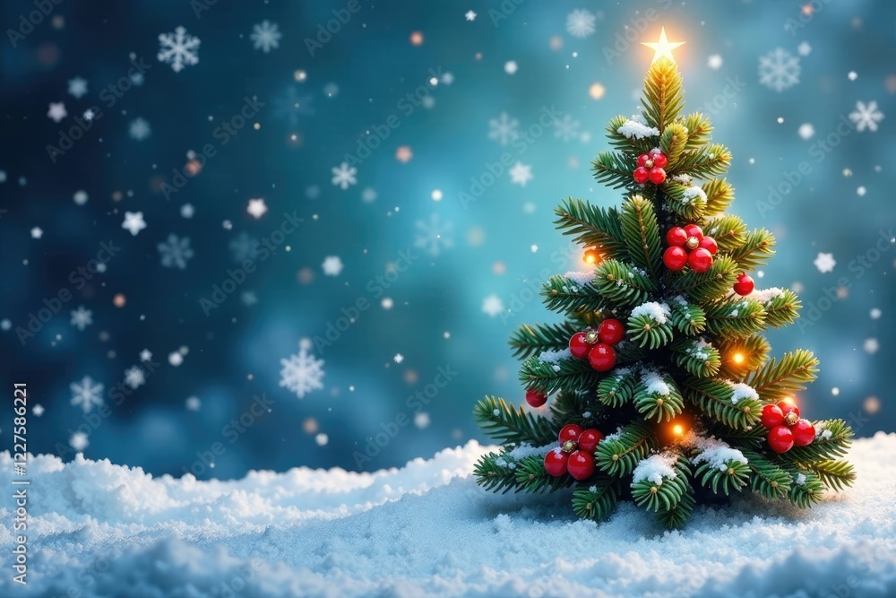 Festive Christmas tree with snowflakes and snowfall in a snowy landscape, holly, red berries, snowflakes Festive Christmas tree with snowflakes and snowfall in a snowy landscape, holly, red berries, snowflakes