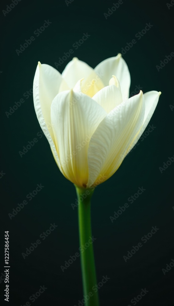 Delicate white petals unfolding from a dark green stem, bloom, flower Delicate white petals unfolding from a dark green stem, bloom, flower