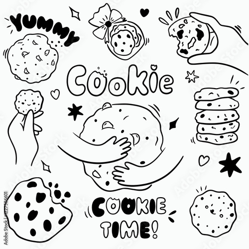 Vector big doodle set of cookies with black line, lettering for coffee shop logo, pastry shop, bakery, branding, print