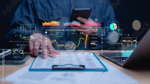 Εκτύπωση καμβά Market Analysis and Trading Insights, Trader analyzes graphs and data on digital