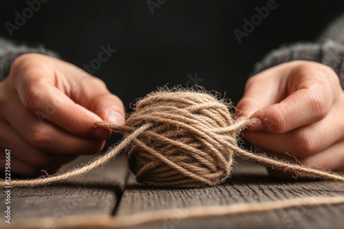 A person unraveling a lengthy ball of string, with tangled strands spilling onto the floor