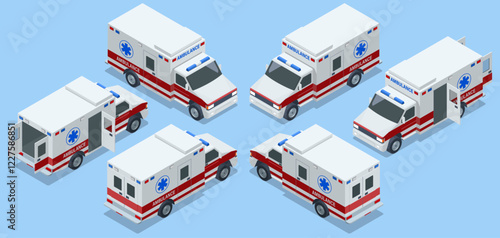 Ambulance Car. An emergency medical service, administering emergency care to those with acute medical problems. Side view, top, roof, rear, front. Vector illustration