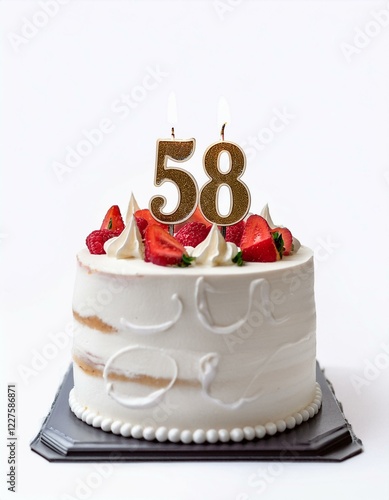 Decorated white cake for birthday or anniversary party, candle number 58, white background photo