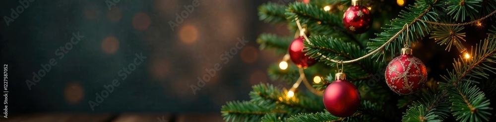 Christmas tree with decorated ornaments and a string of fairy lights, garland, ornaments Christmas tree with decorated ornaments and a string of fairy lights, garland, ornaments