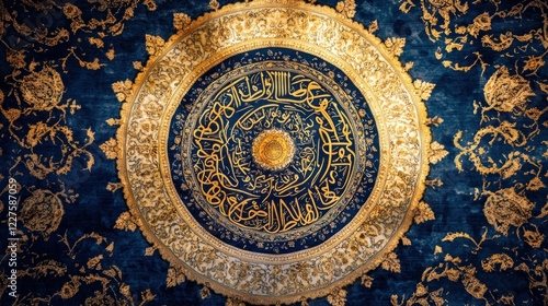 Ornate Dome Ceiling with Gold Calligraphy and Floral Designs