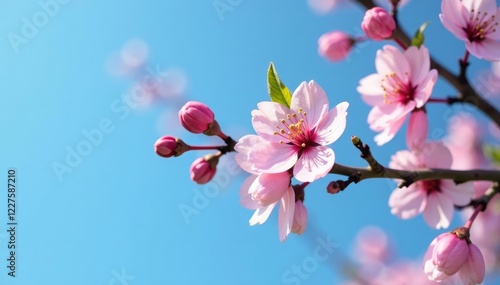 Cherry flower buds on a branch in full bloom against a clear blue sky, tree, blossom branch, leaves
