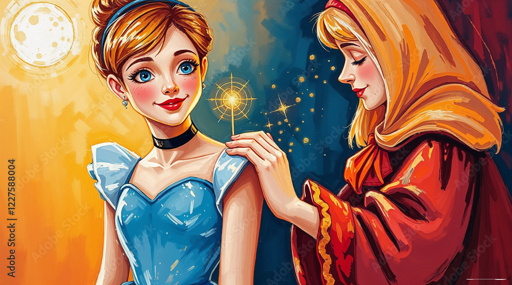 Fototapeta premium Cinderella and the Fairy Godmother transforming her dress into a ball gown and a pumpkin into a carriage, magical fairy tale moment