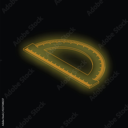 Glowing neon protractor is measuring angles on a black background