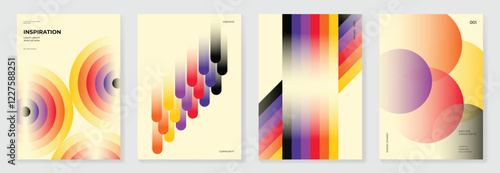 Collection of 70s color gradient poster background vector. Set of retro wall decoration, groovy, trippy, geometric shape. Vintage hippie wall art for interior, decorative, banner, cover, card.