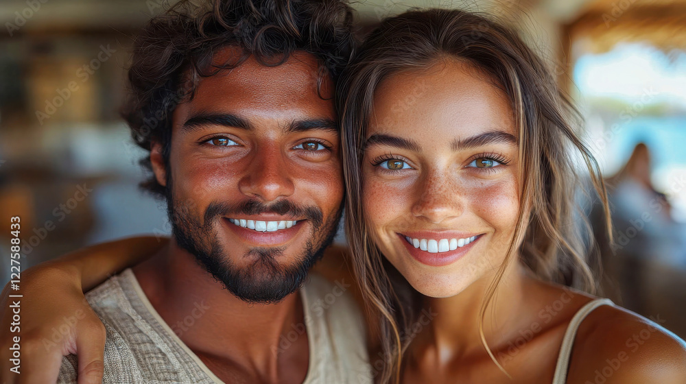 A happy young couple smiling closely together, showcasing diversity and love in a warm setting A happy young couple smiling closely together, showcasing diversity and love in a warm setting