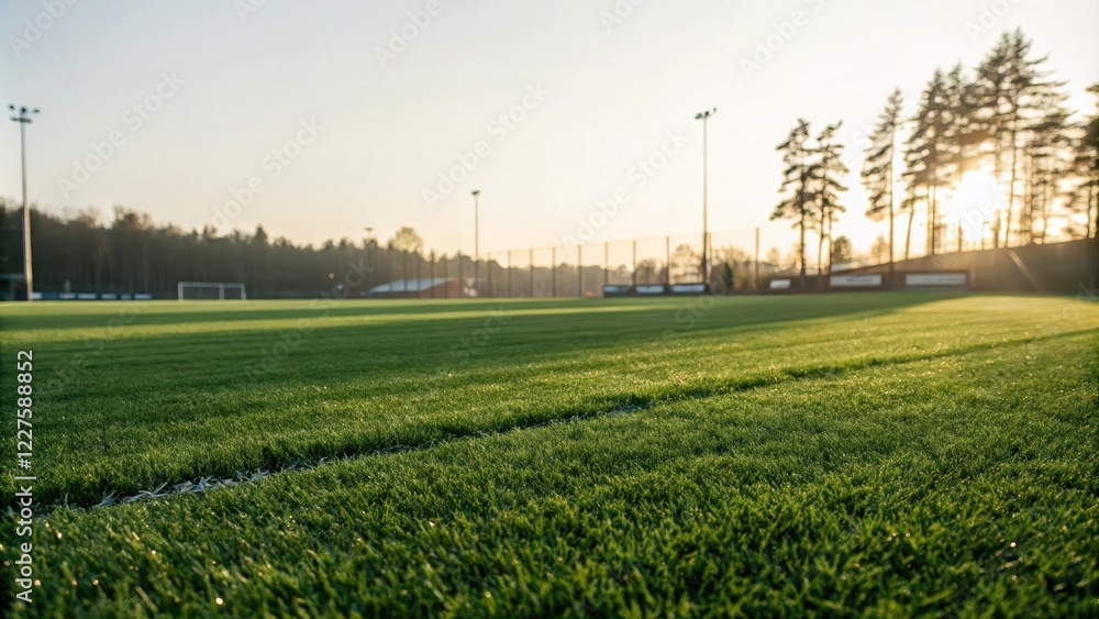 Obraz premium Softly illuminated artificial grass field with subtle shadows and gentle ripples, recreational area, peaceful scene, serene atmosphere, racket, ball