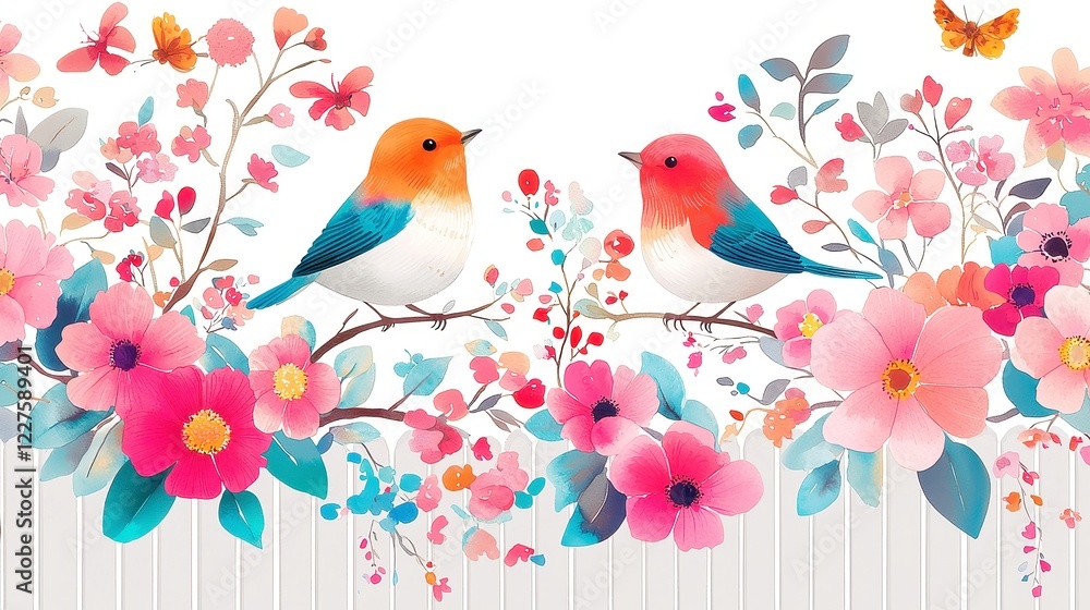 Fototapeta premium Wildflower Haven, a lively collection of colorful blooms and joyous birds, hand-painted watercolor artwork perfect for summer decor and stationery projects.