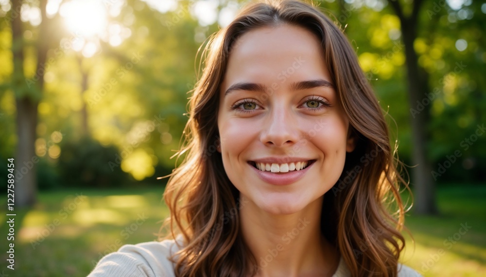 Happy young woman smiling in a sunlit park with green trees in the background Happy young woman smiling in a sunlit park with green trees in the background