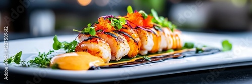 Grilled Scallops with Citrus Glaze - Delicious grilled scallops arranged on a plate with a citrus glaze, microgreens, and balsamic reduction.  A perfect gourmet meal. photo