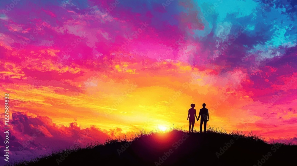 Romantic Sunset Silhouette of Couple Holding Hands on Hilltop Romantic Sunset Silhouette of Couple Holding Hands on Hilltop