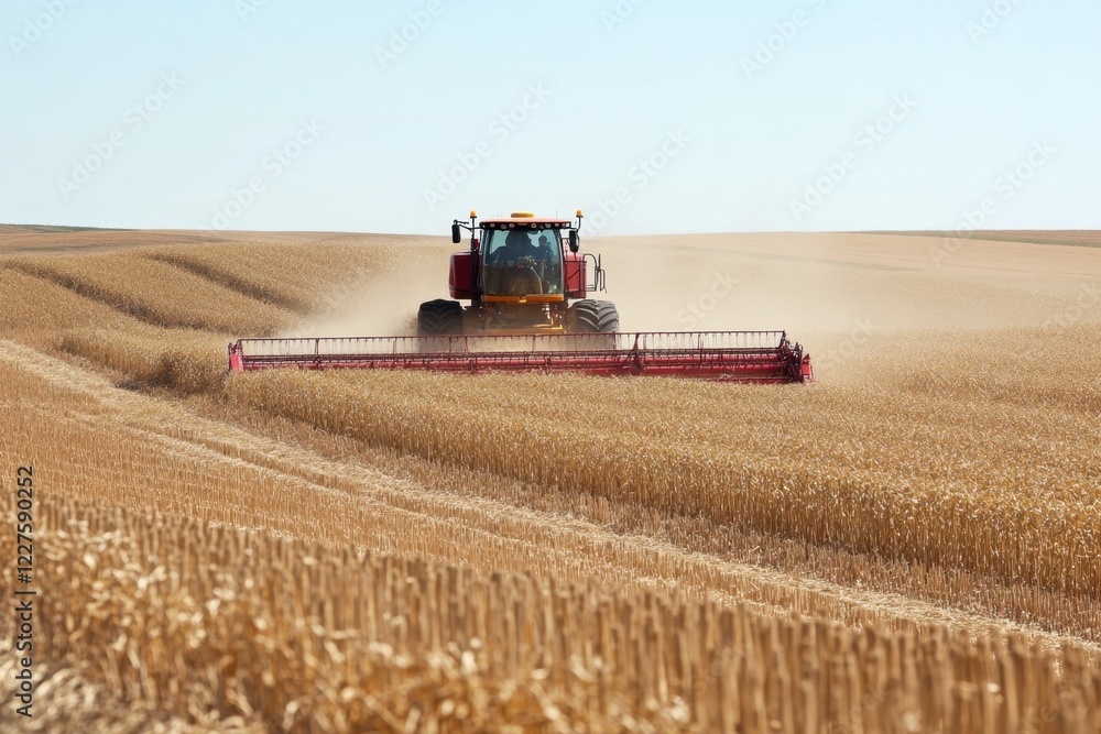 Obraz premium Wheat harvesting using a powerful tractor on a sunny day in the countryside