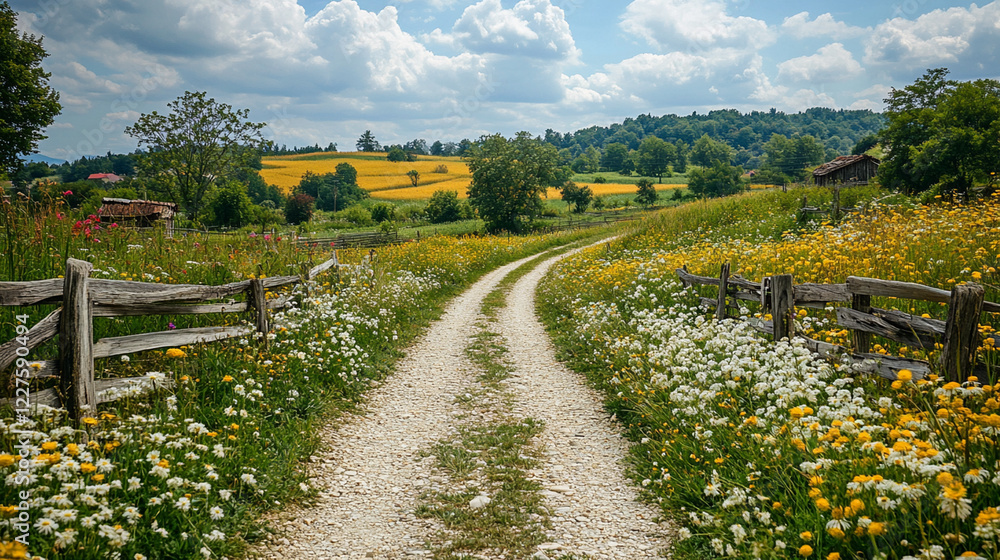 Naklejka premium Gravel Road Through Rolling Fields in the Countryside