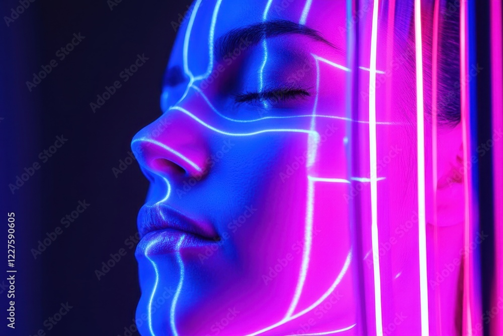 Vibrant neon light pattern creates striking visual art on a woman's face at night Vibrant neon light pattern creates striking visual art on a woman's face at night