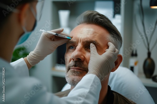 A man over 40 with a relaxed expression receives Botox injections around his eyes in a clean clinic. A dermatologist focuses on cosmetic procedures for men, promoting skin rejuvenation