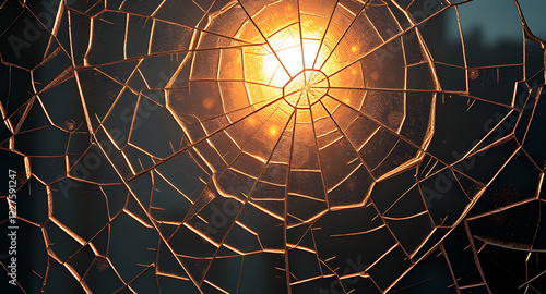 Cracked Glass Window Against yellow light Background