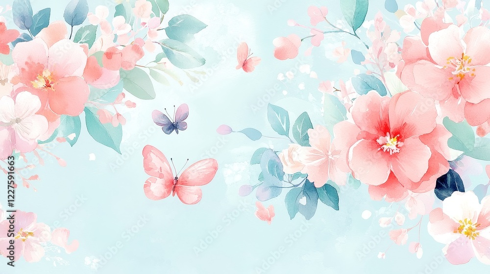 Butterfly Bloom Symphony, vibrant flowers adorned with lively butterflies, a hand-painted watercolor design perfect for summer decor and stationery, capturing nature's beauty. Butterfly Bloom Symphony, vibrant flowers adorned with lively butterflies, a hand-painted watercolor design perfect for summer decor and stationery, capturing nature's beauty.