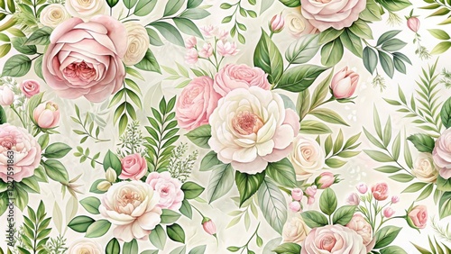 Wallpaper Mural Delicate pink and white floral arrangement in a seamless pattern with intricate leaf details and lush greenery, blooms Torontodigital.ca