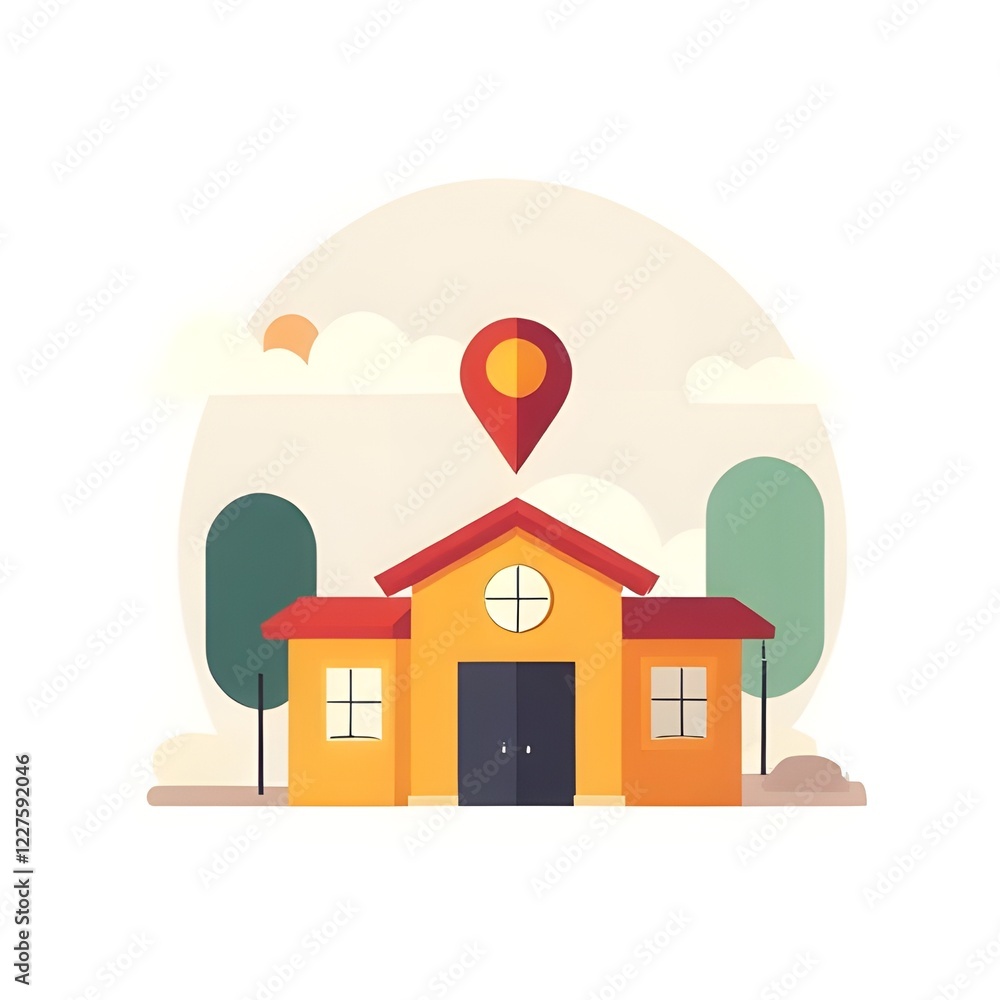 Colorful House with Map Pointer Icon in Scenic Landscape Colorful House with Map Pointer Icon in Scenic Landscape