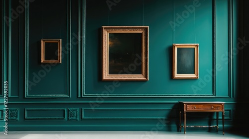 Auction house or museum exhibition, royal green wall, antique art fair gallery frame, blank template with white copyspace for mockup design, artwork concept.
