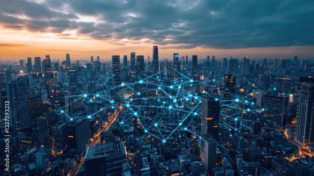 Obraz premium Smart City Network: Illuminated Metropolis at Dusk