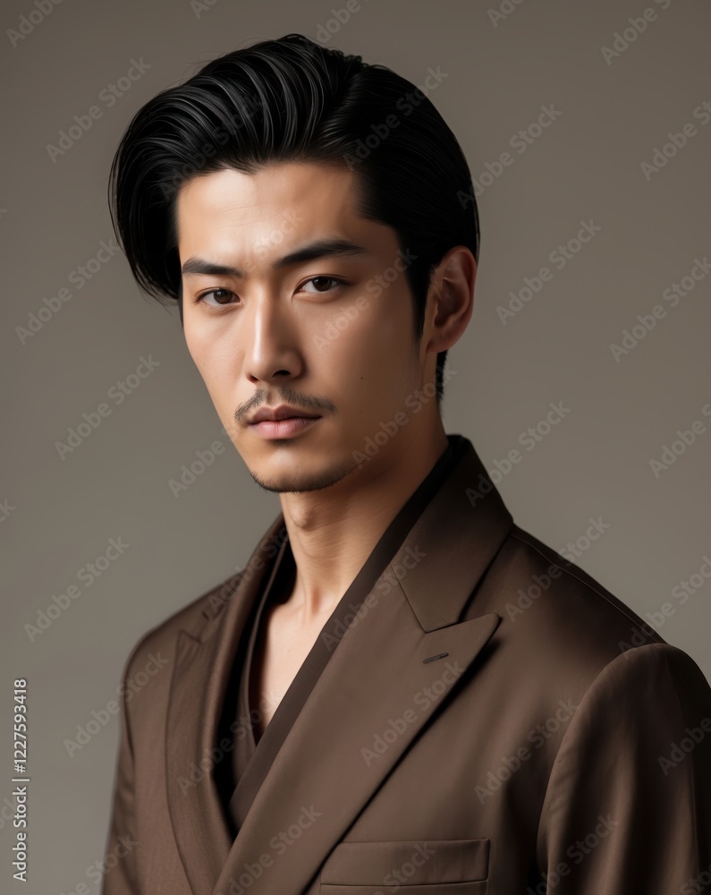 Fototapeta premium Elegant male portrait studio setting fashion photography warm tones close-up view modern aesthetic