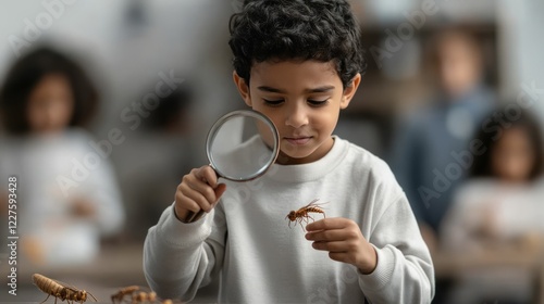 Curious child studying insect specimens through magnifying glass, engaging with entomological details during science learning exploration photo