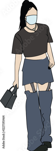 Illustration of a fashionable woman in modern attire, wearing a mask and carrying a bag.Captures contemporary fashion trends and lifestyle elements,emphasizing individual expression and safety aware