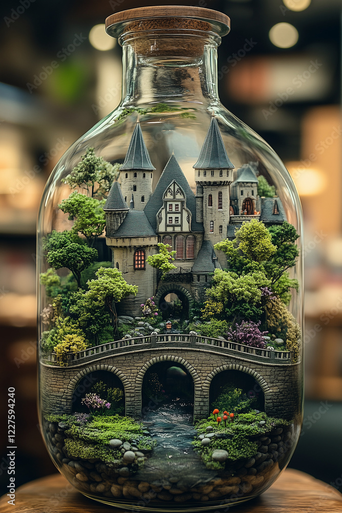 large dark castle with a bridge, scene inside of a bottle large dark castle with a bridge, scene inside of a bottle