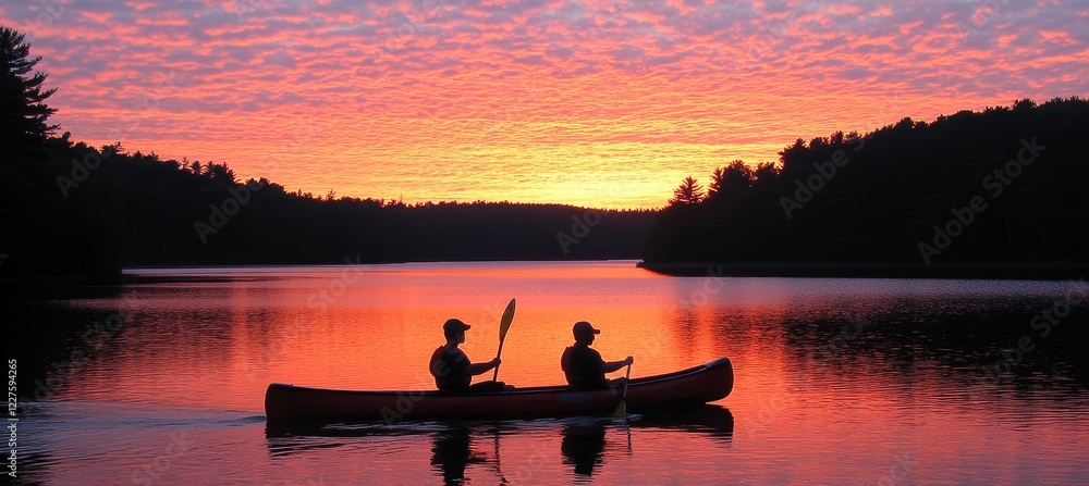 Golden Hour Paddling Silhouettes of Kayakers Enjoying a Tranquil Sunset on a Serene Lake Golden Hour Paddling Silhouettes of Kayakers Enjoying a Tranquil Sunset on a Serene Lake