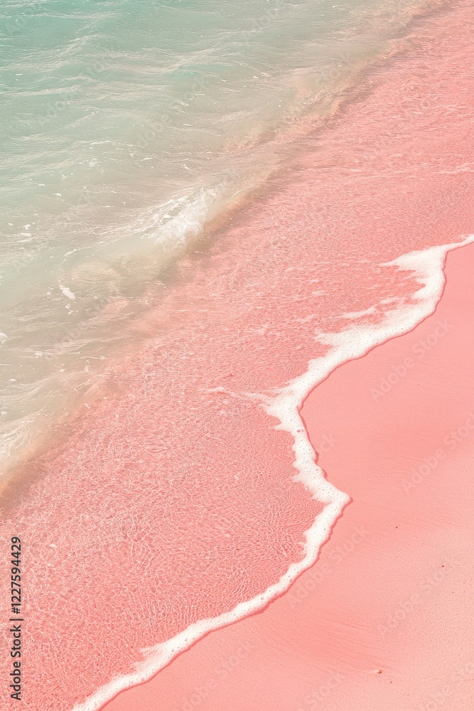 Fototapeta premium Beach, pink sand shore with gentle waves lapping, tropical paradise ideal for vacation and relaxation, summer getaway, coastal beauty, serene ocean retreat.