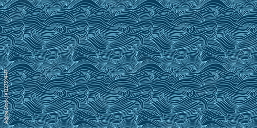 Abstract waves geometric seamless vector pattern, ocean, sea flowing lines in blue for summer swimming designs