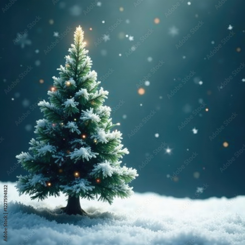 Snowflakes gently falling around a small Christmas tree, frosty, evergreen Snowflakes gently falling around a small Christmas tree, frosty, evergreen