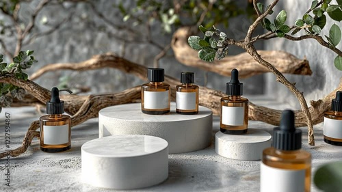 Elegant display of essential oil bottles on textured surfaces with greenery
