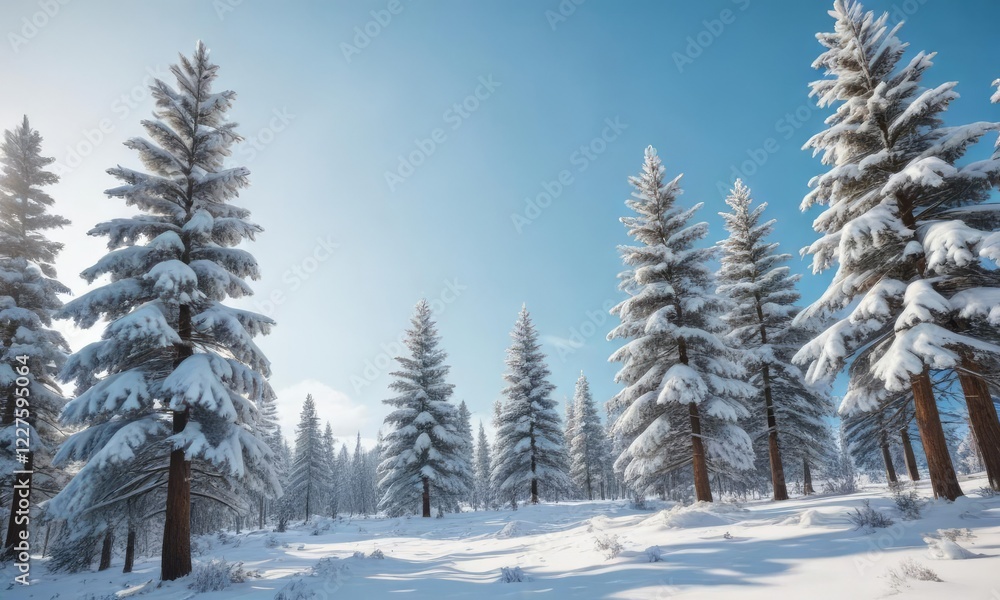 Snow-covered pine trees against a pale blue sky, outdoor, serene, cold, pine trees Snow-covered pine trees against a pale blue sky, outdoor, serene, cold, pine trees